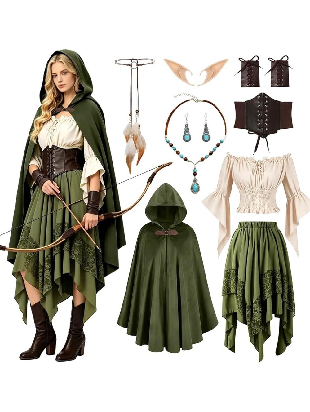 Women’s Large Green Medieval Archer Elf Costume Set Halloween Renaissance Fairs